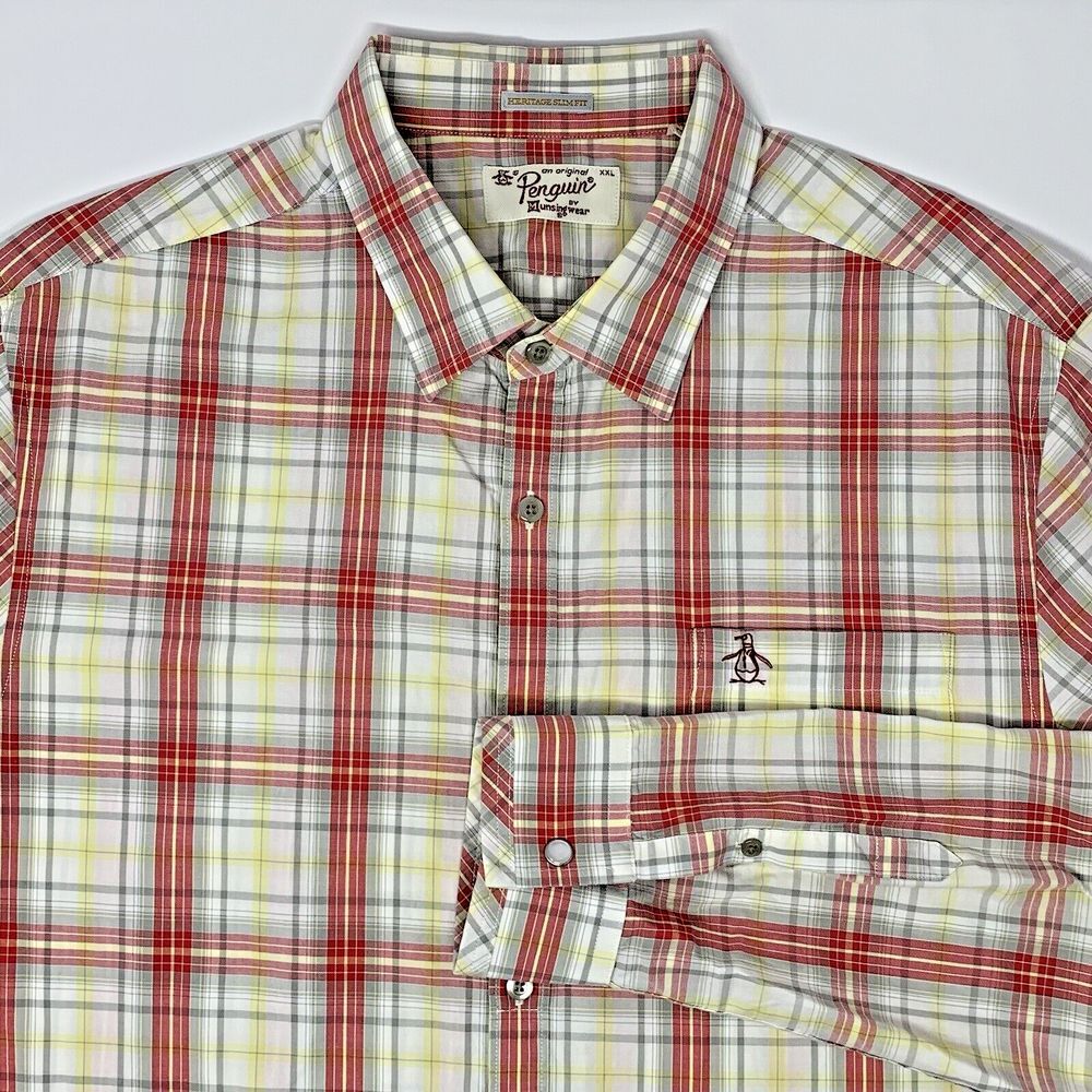 Penguin Red & Yellow Plaid Slim Fit Long Sleeve Button Up Men's Shirt‎ Size XXL